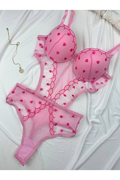ROZENİN LINGERIE Kalpli Destekli Tül Detaylı Çıtçıtlı Body
