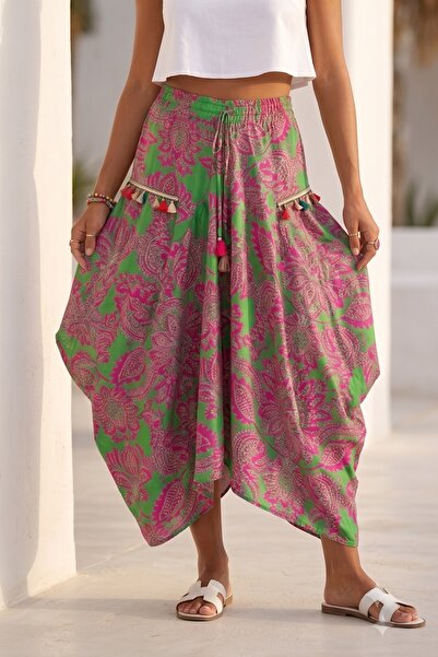 Chiccy Fuchsia-Green Shawl Patterned Pocketed Allover Printed Elastic Waist C...