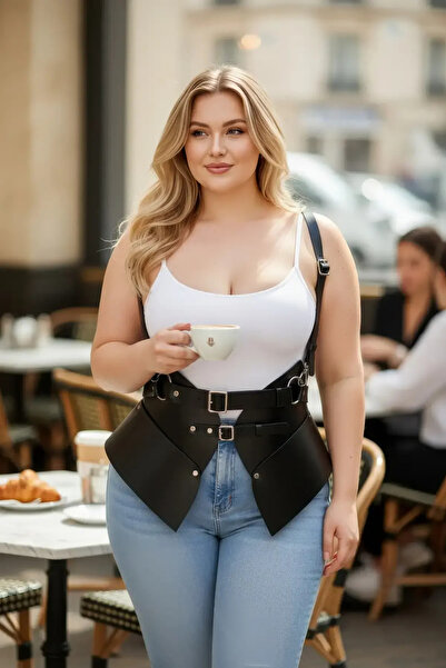 Angels Passion Plus Size Black Women's Leather Corset Belt with Shoulder Stra...