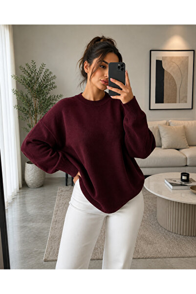 threeoff Women's Oversize Crew Neck Knitwear Sweater Soft Textured Comfortabl...