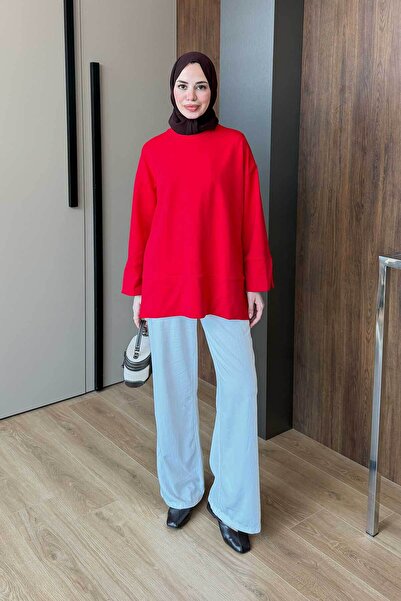 LOCCO Women's Slit Detail Crew Neck Tunic Red