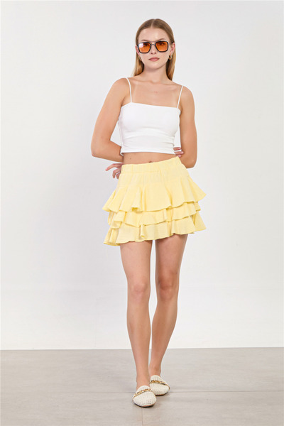 BARRELS AND OIL Women's Elastic Waist Ruffled Mini Skirt - Light Yellow