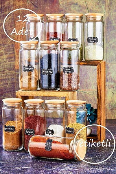 Empressco Labeled 12 Pieces 500 Ml Glass Spice Jar Set with Wooden Lids