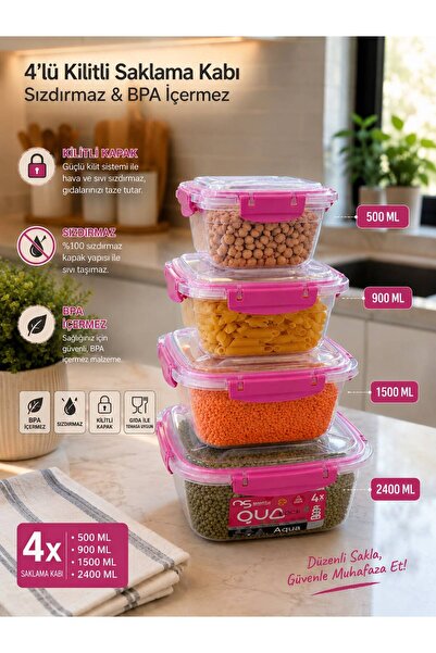 LOREMPBOX 4-Piece Lockable Storage Container, Leak-Proof, Bpa-Free, Pink Color