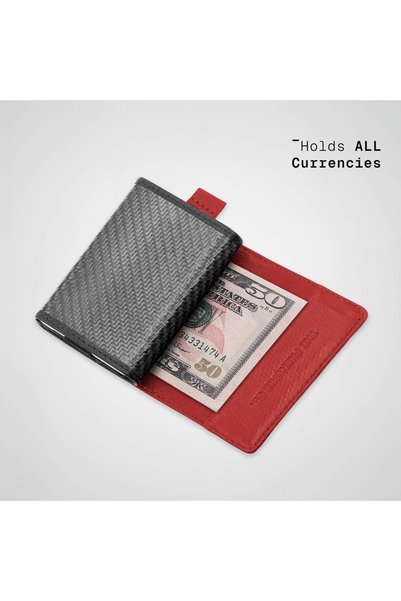 The Frenchie Co. Speed Wallet Mini, Ultra Slim RFID Blocking Wallet for Men & Women, Front Pocket Minimalist Card Holder with Pull Tab, Carbon Fiber & Full-Grain Italian Leather, Holds up to 14 Cards & Cash