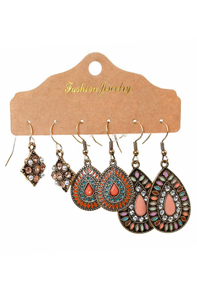 VeeShop Set de 3 perechi de cercei boho, picaturi si romburi pictate cu email...