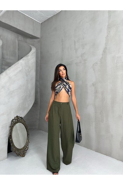 QUASAR Fashion New Season 100% Linen Side Three Pleats Zippered Buttoned Crossed Extra Wide Leg Wide Palazzo Pants