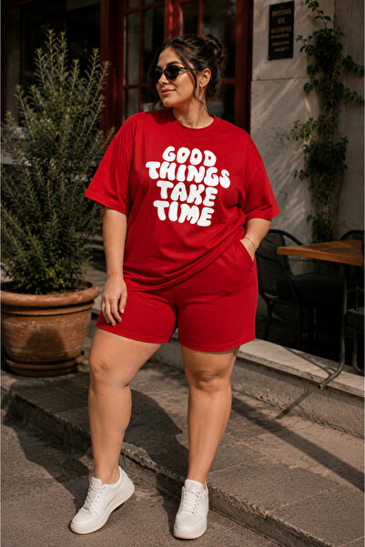 Rubonia Büyük Beden Kadın Erkek Oversize Şortlu Takım Good Things Take Time B...