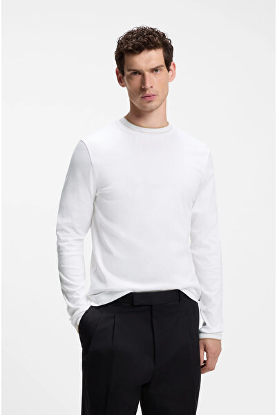 BOSS Men's Regular Fit Round Neck Soft Mercerized Cotton Long Sleeve White T-...