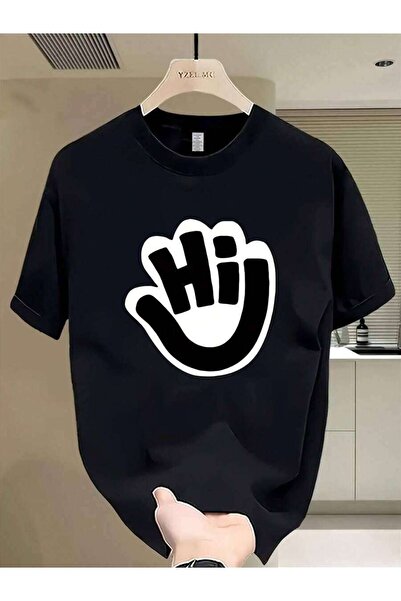4Car تي شيرت رجالي ثقيل الوزن بنمط علامة السلام وعبارة 'مرحباً/وداعًا' - طباع...