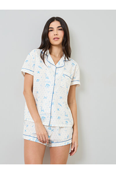 Styli Shell & Polka Dot Piped Pocket Ss Shirt & Short Set