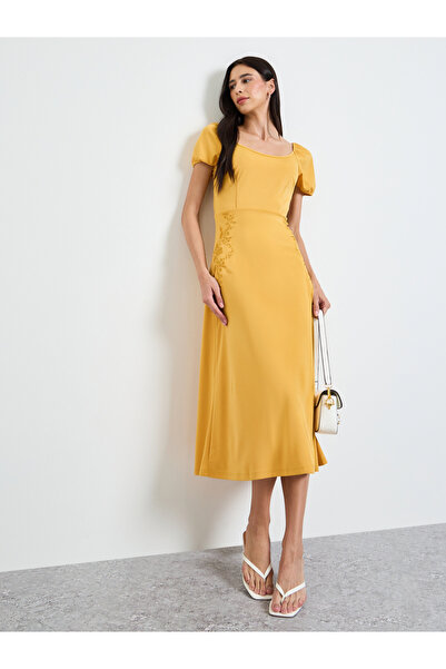 Styli Mustard Embroidered Puff Sleeves A-Line Midi Dress