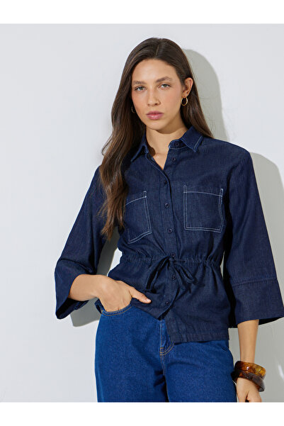 Styli Blue Cotton Denim Shirt With Drawstring Waist
