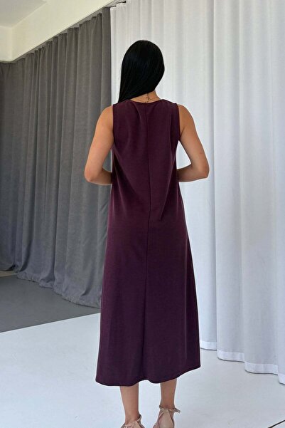 Mine Tan Butik Rochie de damă cu decolteu în V și detalii din țesătură Pique - Roșu Claret