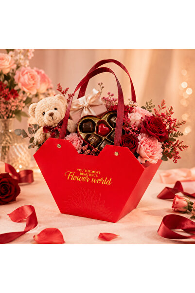 Mutkin Kırmızı Kalpli Karton Hediye Çantası 23x15x9 cm Flower World Baskılı Ç...
