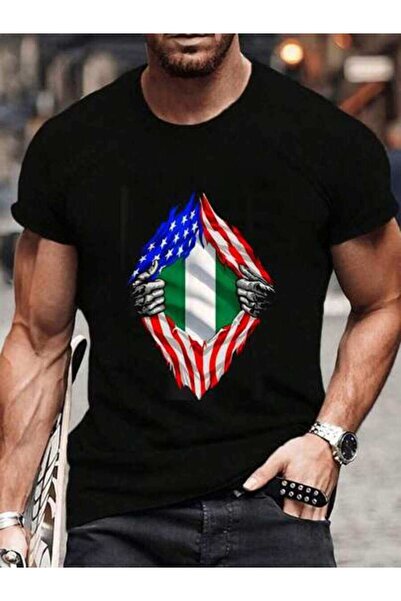 799 قميص رجالي قطني 100% بتصميم علم نيجيريا وأمريكا، نصف علم نيجيري أمريكي ير...