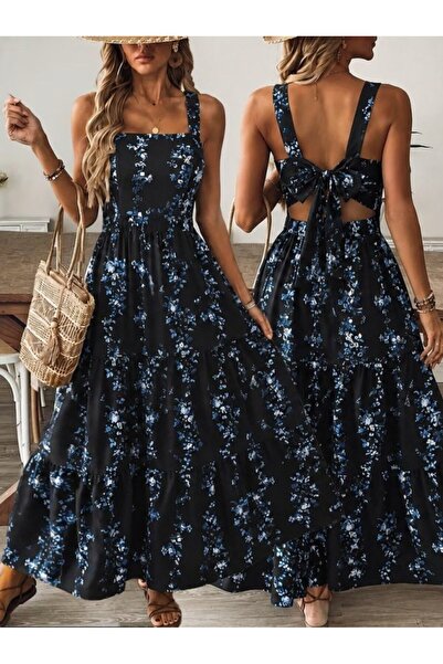 Wear Up فستان نسائي طويل من قماش السوبر جيرسيه بتصميم مربع الشكل وربطة عنق وت...