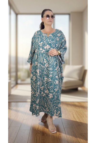 yagmurberen Pocketed Boat Neck Truvakar Sleeve Oversize Large Size Cotton Viscose Dress