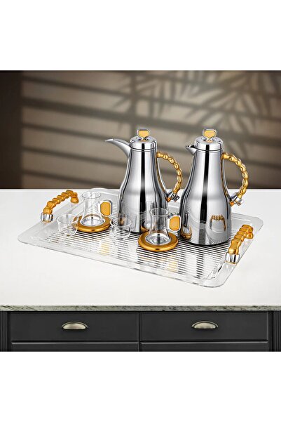 Almarjan 21 Pieces Tea & Coffee Set, Brushed Silver & Matt Gold