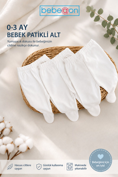 bebeqon %100 Pamuk Organik 3'lü Patikli Bebek Alt Seti Ekru 0-3 Ay Yenidoğan Hastane Çıkışı