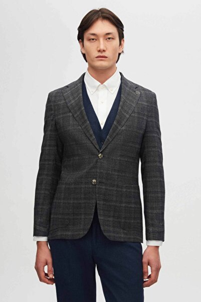 Damat Slim Fit Gri Ekose Yünlü Takim Elbise Kombinli