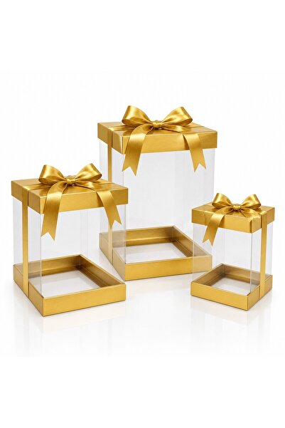 Ceyyiz 3’lü Gold Asetat Gelin Damat Bohçası ve Çeyiz Kutusu Seti – Şeffaf Hed...