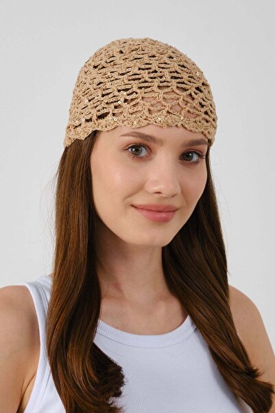 C&City Sequin Detailed Summer Knitted Beanie Y8255 Light Brown