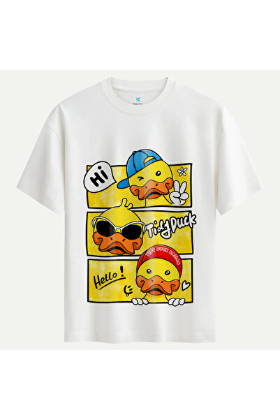 Oversize %100 Pamuk Unisex Tidy Duck Baskılı Tişört - Beyaz