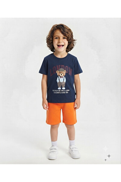 LİTTLE TORTOİSE Boys' London Teddy Bear Printed Crew Neck T-Shirt and Shorts Set