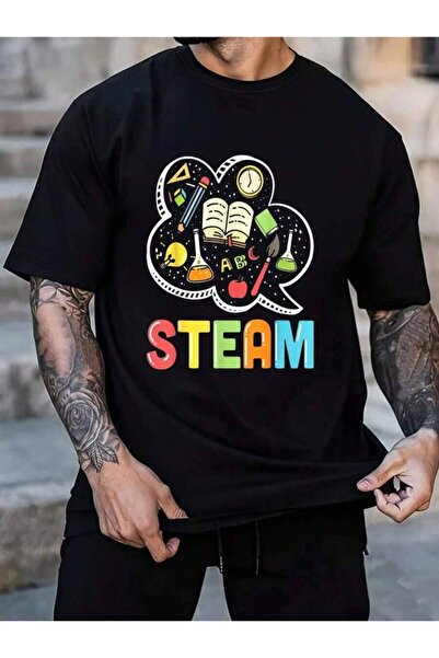 01THEONE تي شيرت رجالي أسود 100% قطن بتصميم STEAM للمعلمين والطلاب للعودة إلى...