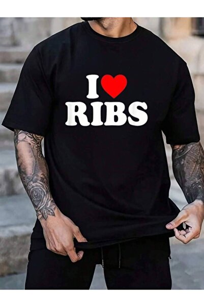 799 100% Cotton Love I Heart Ribs Shirt Food Lover Men's Black Vacation Crew ...
