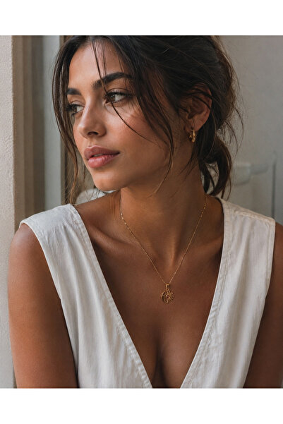 Gökkuşağı Sepeti Steel Sun and Moon Figured Gold Color Minimal Women's Neckla...
