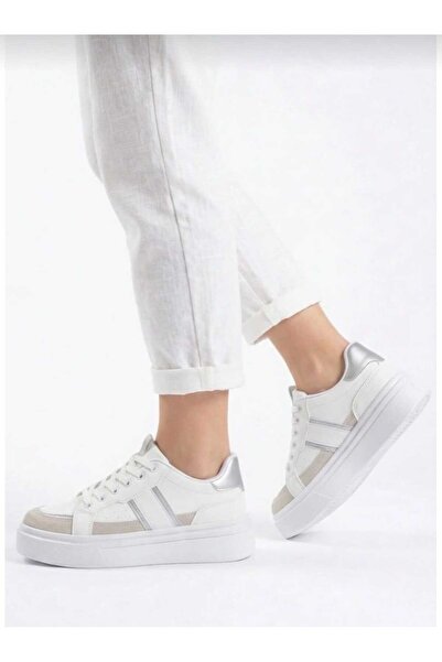 Macs Moda Women's White Thick Sole Casual Sneaker Sports Shoes – Silver Detai...