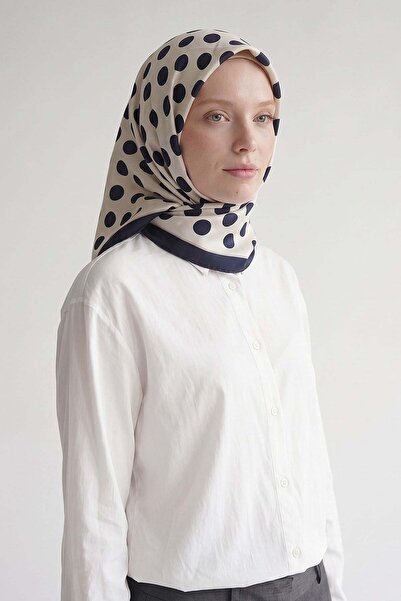 Levidor Navy Blue - Ecru Polka Dot Twill Silk Scarf