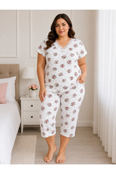 Enisa Pijama de damă 100% bumbac cu imprimeu floral romantic, tricou cu mânec...