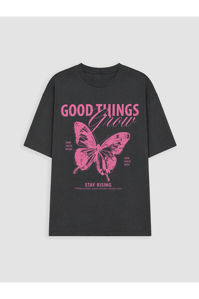 LC Waikiki Original Oval Collar Butterfly Printed Girls' T-Shirt