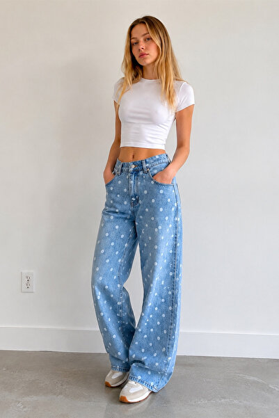 GRİİ WEAR Women's High Waist Polka Dot Wide Leg Jeans