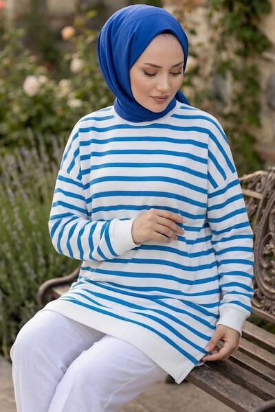 TOFİSA Çizgili Manşet Detatlı Tunik Saks - 2151-SAKS