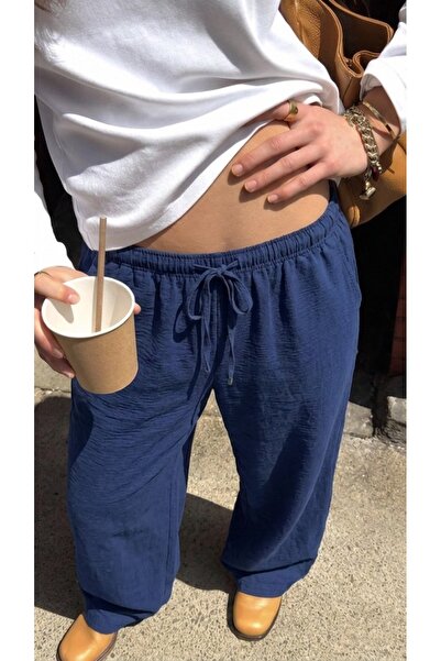 DAMGA JEANS Γυναικείο λινό παντελόνι Palazzo σε σκούρο μπλε χρώμα με ελαστική...