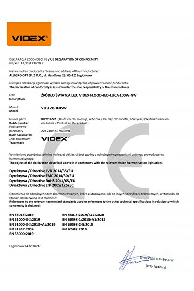 NO BRAND Videx Proiector LED 100W 9000Lm Alb Neutru 5000K Aluminiu Ip65 120 °