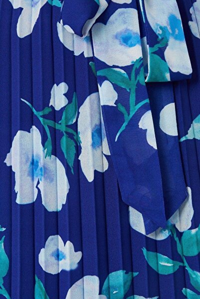 NO BRAND Rochie albastră midi cu imprimeu floral, decolteu în V cu șnur, Wall...