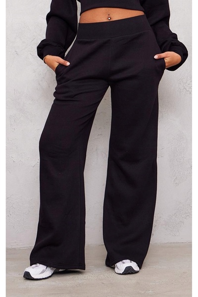 NO BRAND Pantaloni de trening negri cu picior larg și talie elastică Prettyli...