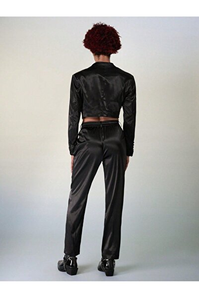 NO BRAND Set costum negru satinat, sacou asimetric, pantaloni Manfinity, m