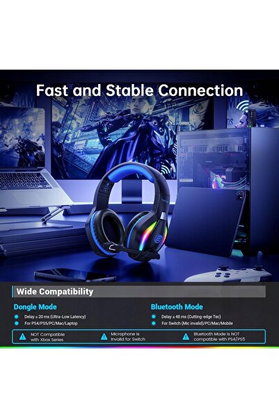 NO BRAND Căști de gaming wireless 2.4G + Bluetooth cu microfon, 50 mm, LED