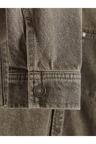 NO BRAND Cămașă din denim de bumbac gri, cu mâneci lungi, guler și buzunare, ...