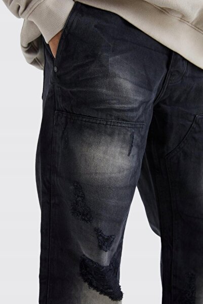 NO BRAND Blugi negri cu rupturi, lungi, clasici, croială dreaptă, Boohooman 46