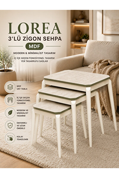 Concept Ayz Home Lorea Premium 3'lü Zigon Sehpa – MDF Üst Tabla, Modern Minim...