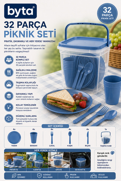 BYTA 32 Parça Piknik Seti – 4 Kişilik Taşıma Kutulu Kamp ve Piknik Yemek Takımı