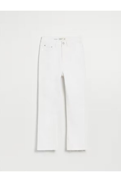 NO BRAND Pantaloni din denim alb din bumbac, lungime 7/8, cu margini nefinisa...