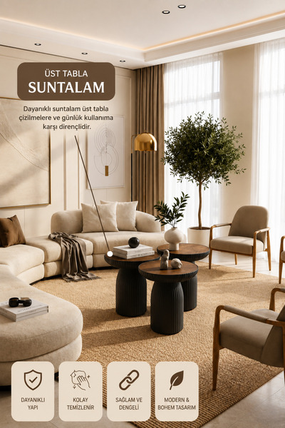 Concept Ayz Home Viona Minimal 3'lü Bohem Sehpa Seti – Suntalam Üst Tabla & P...